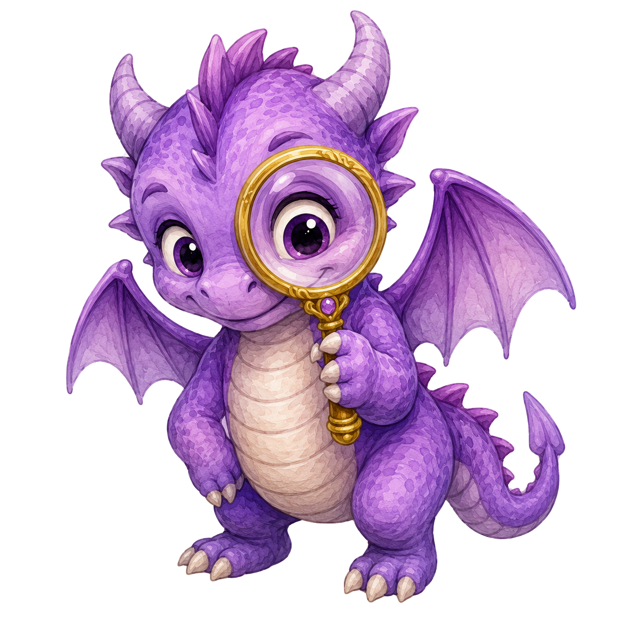 Purple dragon holding a magnifying glass