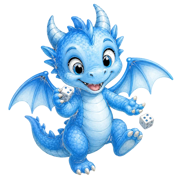 Sky-blue dragon holding cards and dice — Storybook Coach's guide for the Book-Based Game