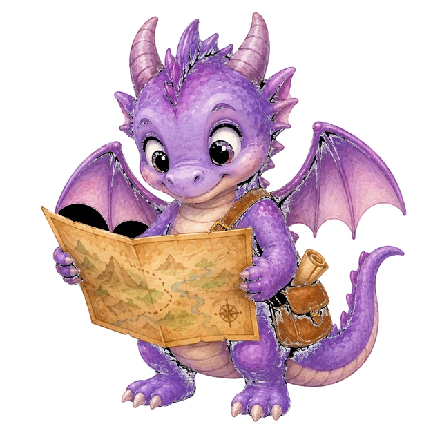 Lavender dragon looking through a magnifying lens with a folded map — Storybook Coach's guide for Reading Lenses