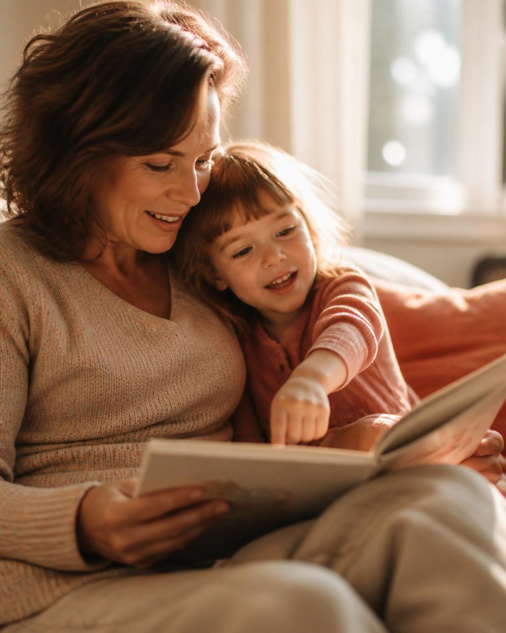 A parent reading a picture book to a smiling young child snuggled on a couch in warm afternoon light